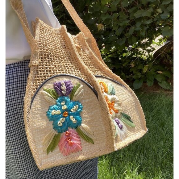 Vintage 50s Artisan Wicker Woven Straw Raphia Shoulder Bag Embroidered Flowers - Picture 7 of 15